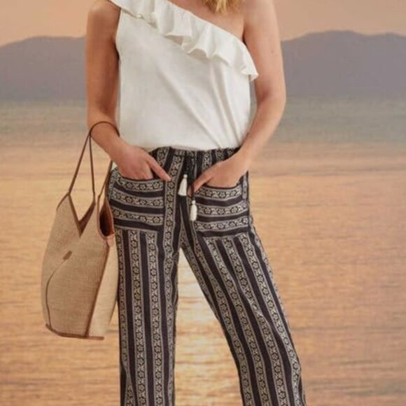 WOMEN'SECRET Boho Black Print Long Pant Mid Rise Draw String Sz L Front Pocket - Picture 4 of 16